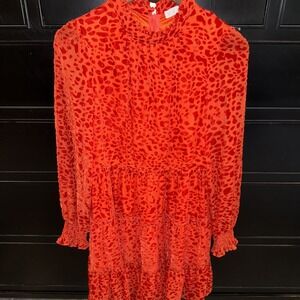 Karlie Red Orange Velvet Clara Dress Small Spotted Tiered Hi‎ Neck